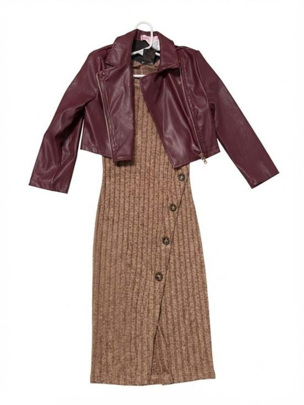 Girls Burgundy Vegan Leather Cropped Jacket with Brown Ribbed Button Dress